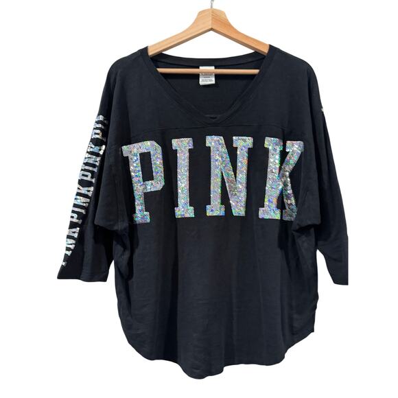PINK Victorias's Secret Silver Sequin LS Dolman Tee Medium - Picture 1 of 5